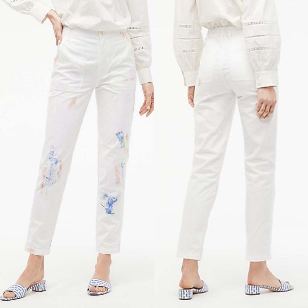J. Crew Pants Womens 24 Cream Painted Tapered Cargo High Rise Casual Artsy Ivory